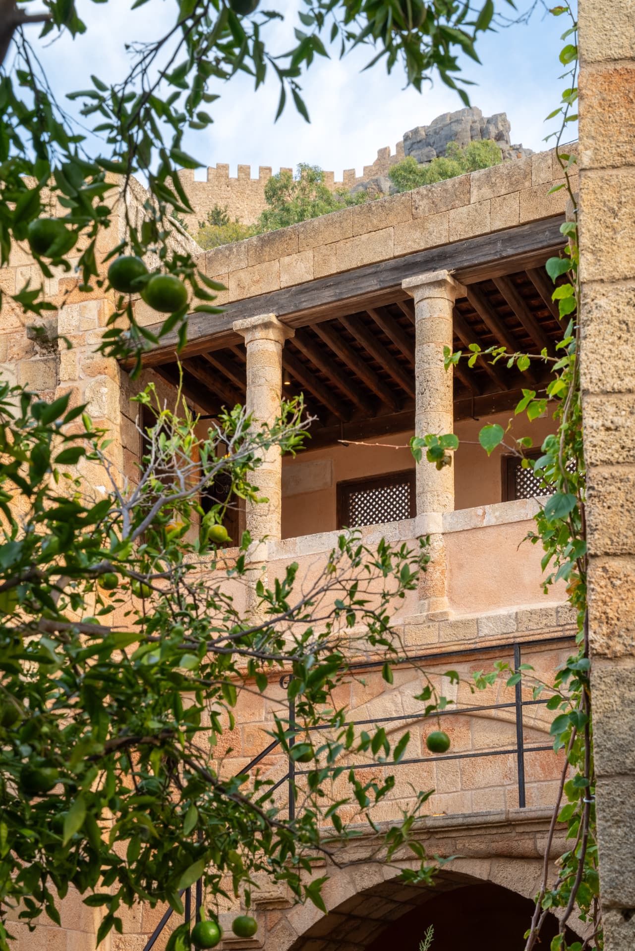 Vasilikos Mansion’s stone facade framed by greenery in its private courtyard